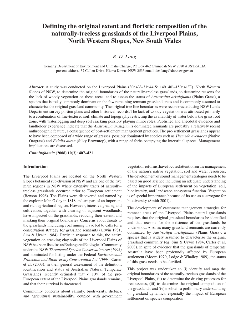 Defining the Original Extent and Floristic Composition of the Naturally-Treeless Grasslands of the Liverpool Plains, North Western Slopes, New South Wales