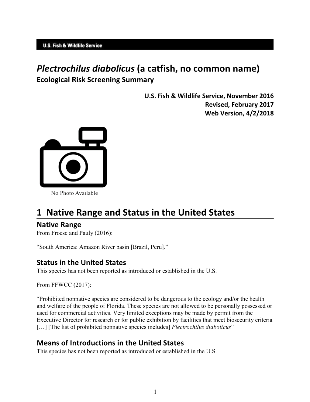 Plectrochilus Diabolicus (A Catfish, No Common Name) Ecological Risk Screening Summary