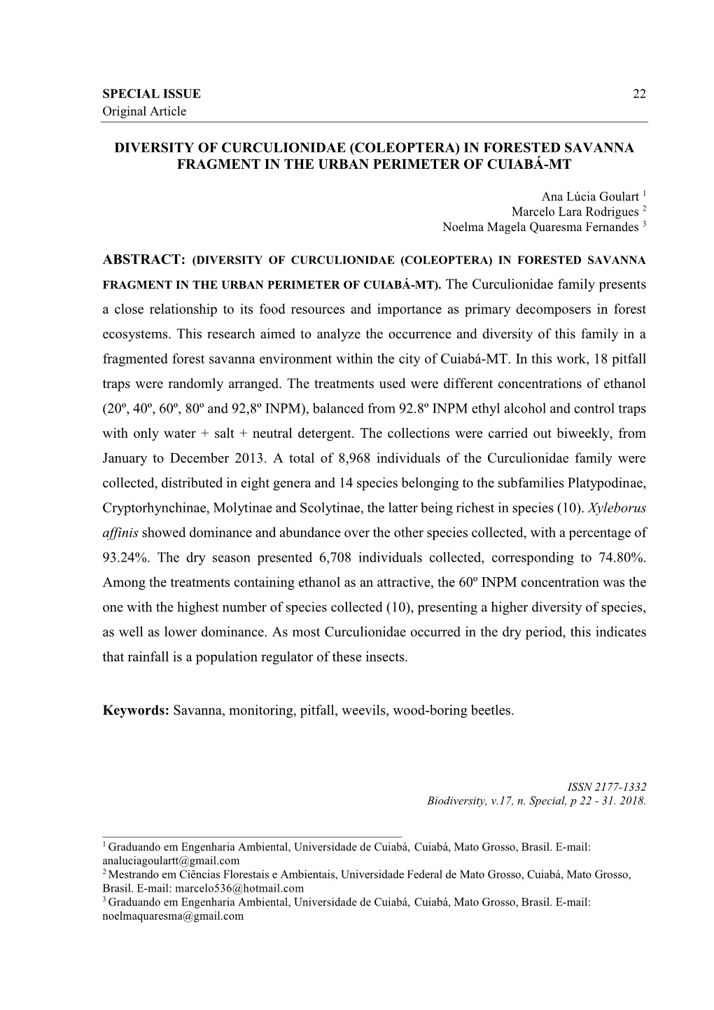 Diversity of Curculionidae (Coleoptera) in Forested Savanna Fragment in the Urban Perimeter of Cuiabá-Mt