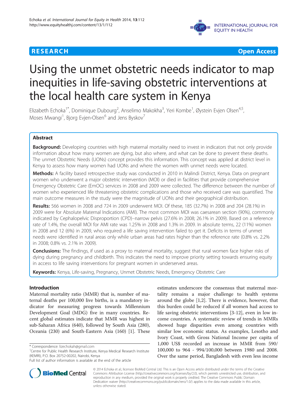 Using the Unmet Obstetric Needs Indicator to Map Inequities in Life