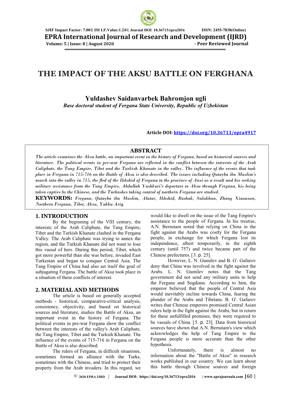 The Impact of the Aksu Battle on Ferghana