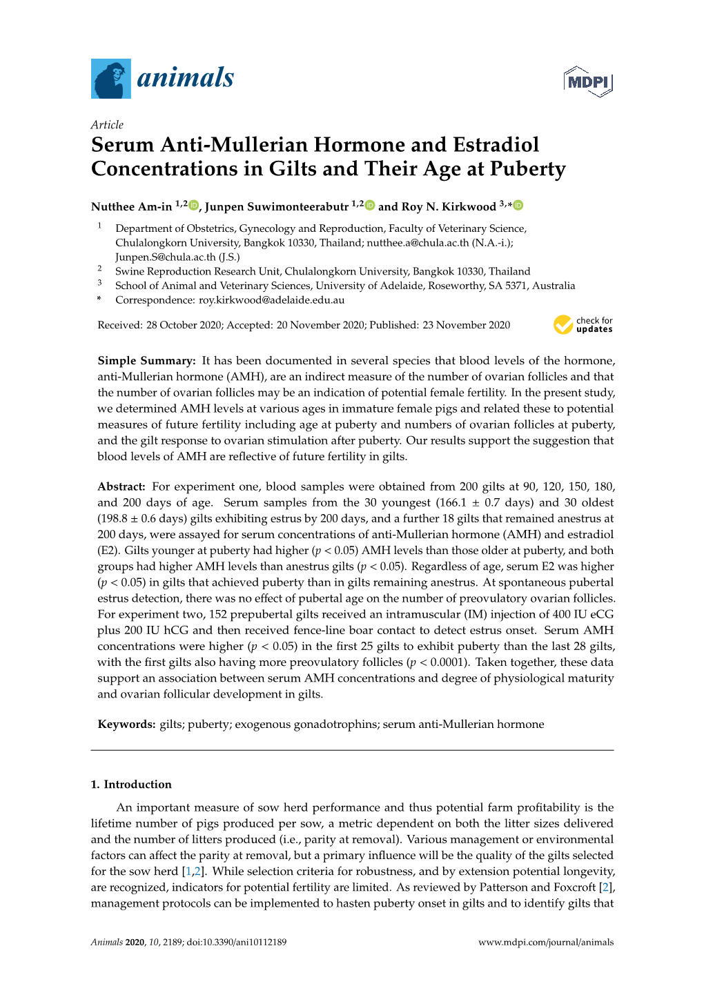 Serum Anti-Mullerian Hormone and Estradiol Concentrations in Gilts and Their Age at Puberty