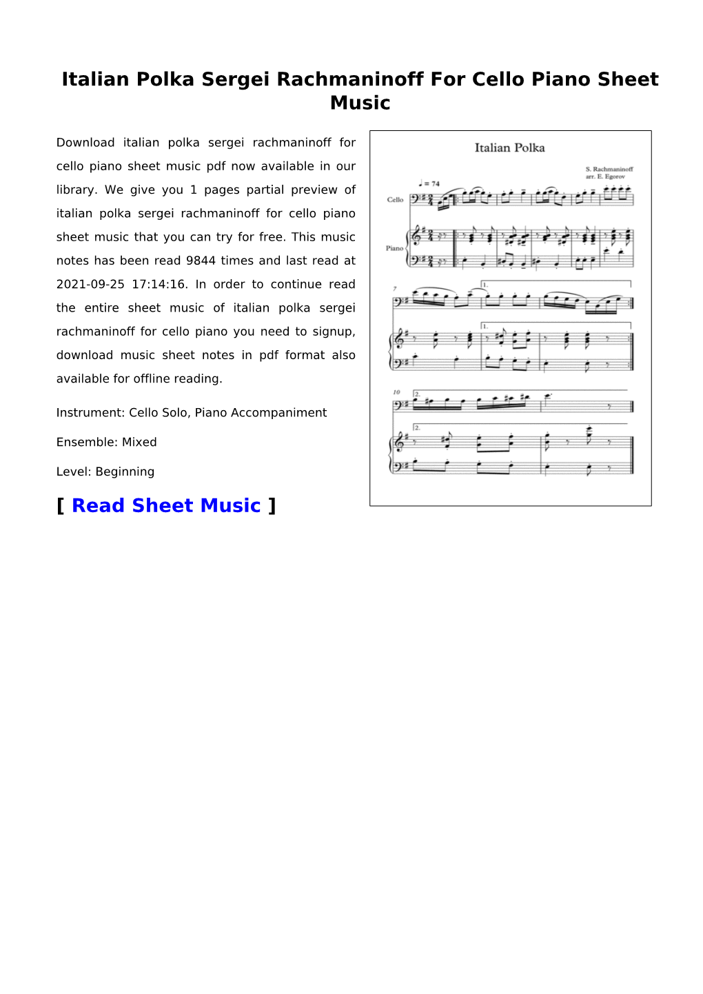 Italian Polka Sergei Rachmaninoff for Cello Piano Sheet Music