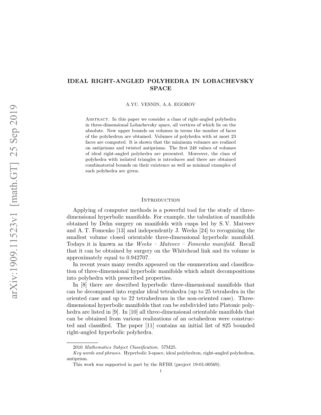 Arxiv:1909.11523V1 [Math.GT] 25 Sep 2019 Oriented Case and up to 22 Tetrahedrons in the Non-Oriented Case)