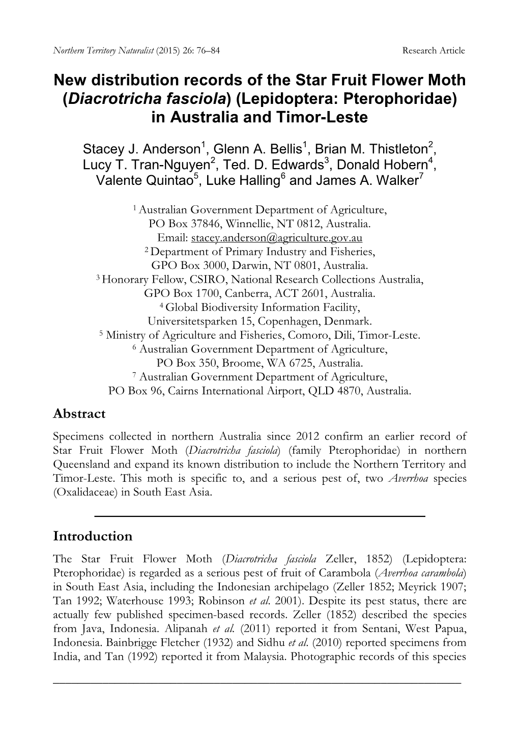 New Distribution Records of the Star Fruit Flower Moth (Diacrotricha Fasciola) (Lepidoptera: Pterophoridae) in Australia and Timor-Leste