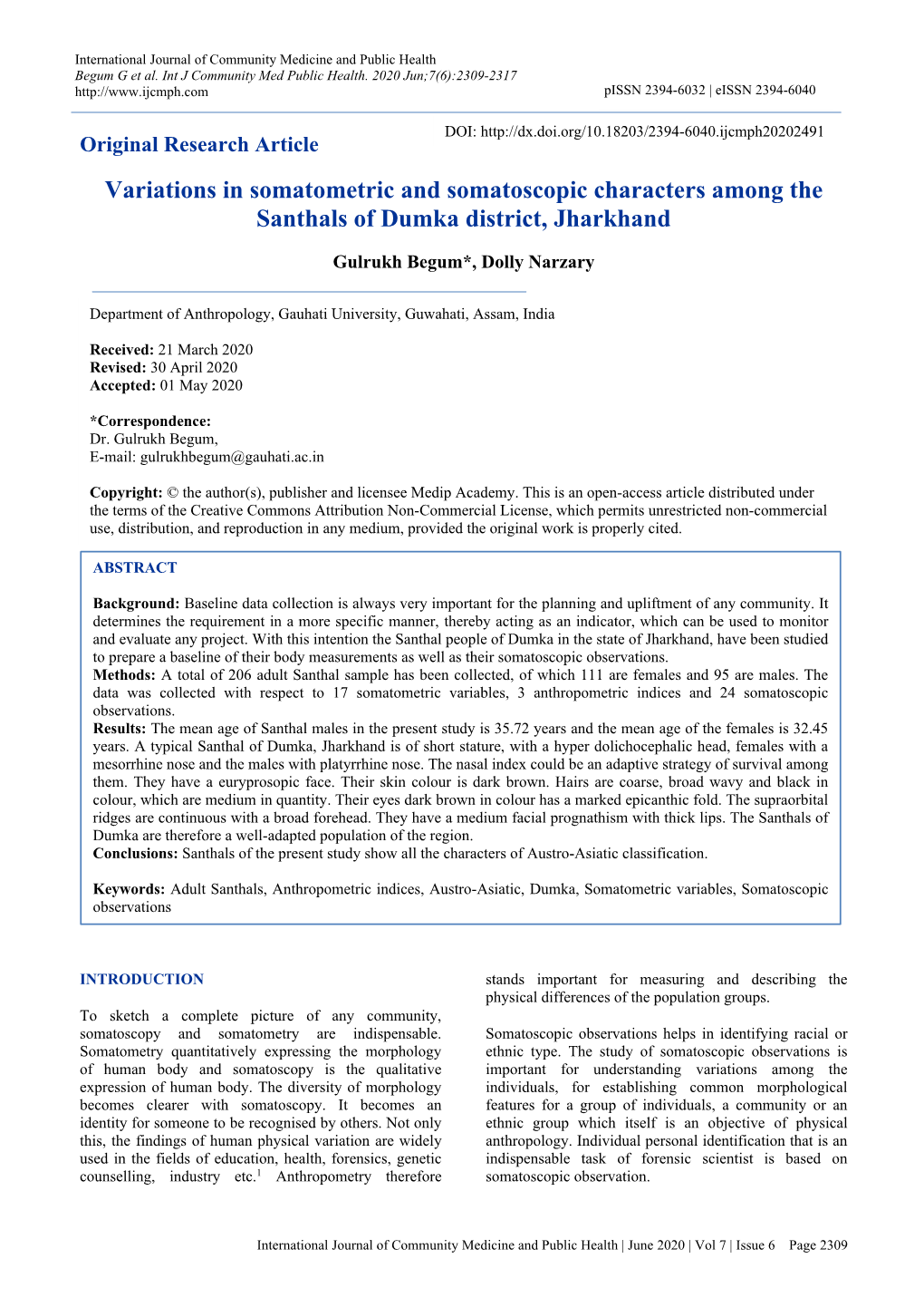 Variations in Somatometric and Somatoscopic Characters Among the Santhals of Dumka District, Jharkhand