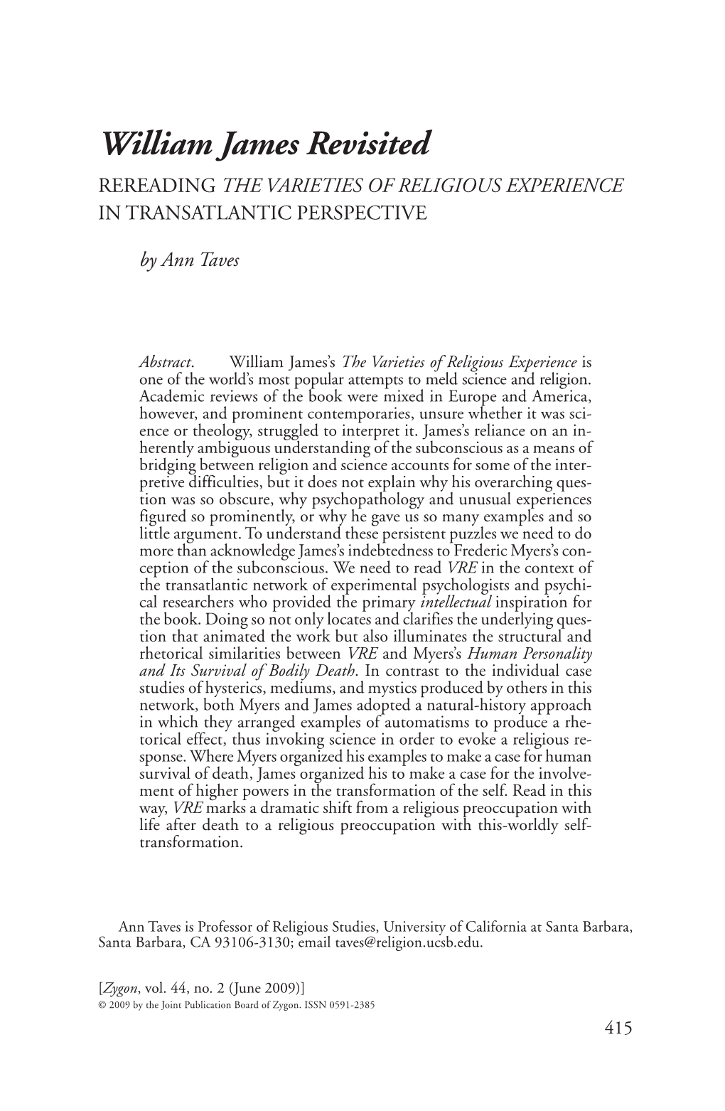 William James Revisited REREADING the VARIETIES of RELIGIOUS EXPERIENCE in TRANSATLANTIC PERSPECTIVE