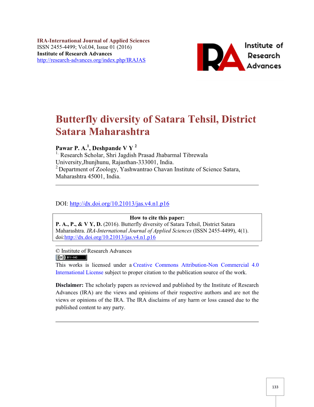 Butterfly Diversity of Satara Tehsil, District Satara Maharashtra