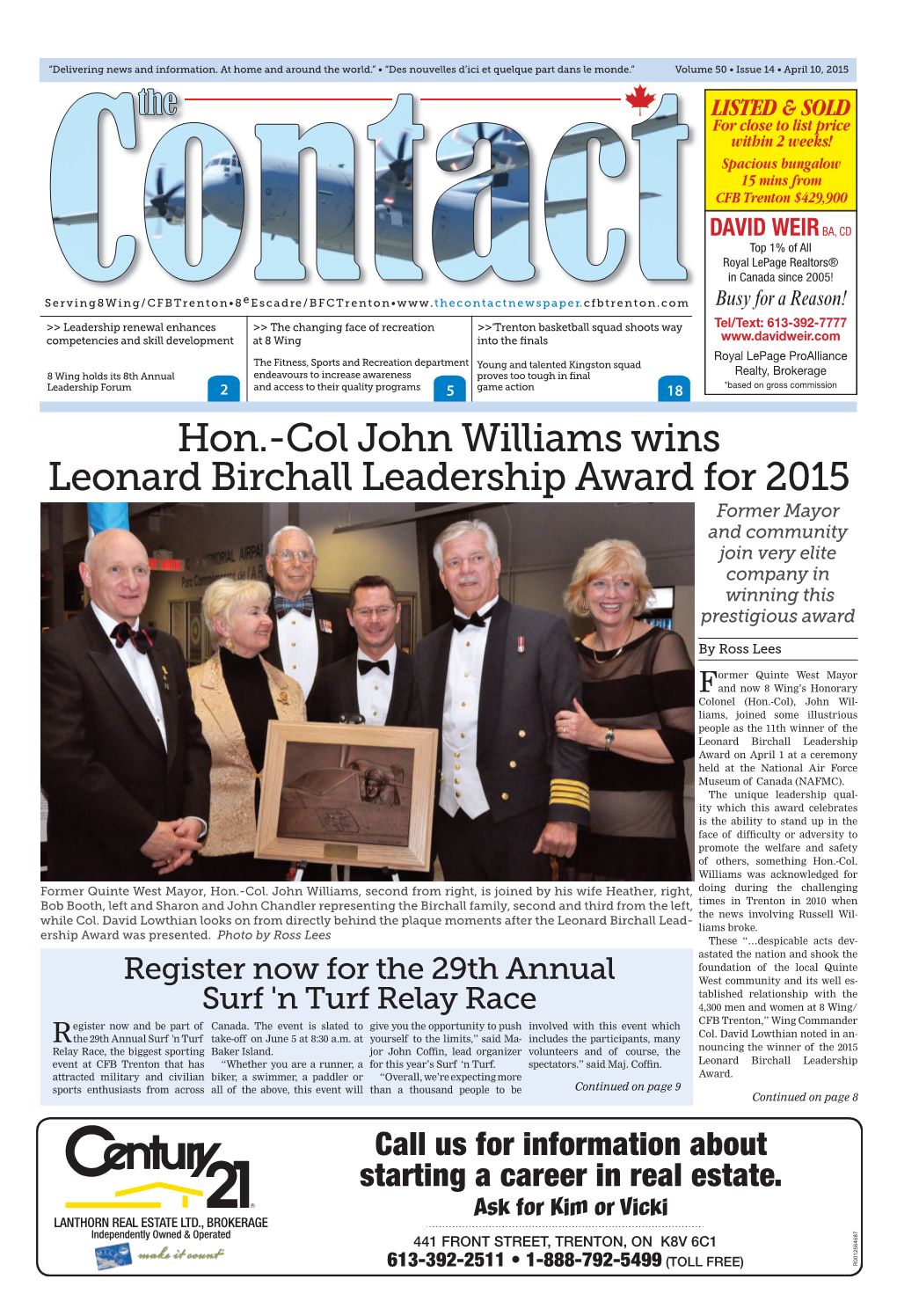 Col John Williams Wins Leonard Birchall Leadership Award for 2015 Former Mayor and Community Join Very Elite Company in Winning This Prestigious Award