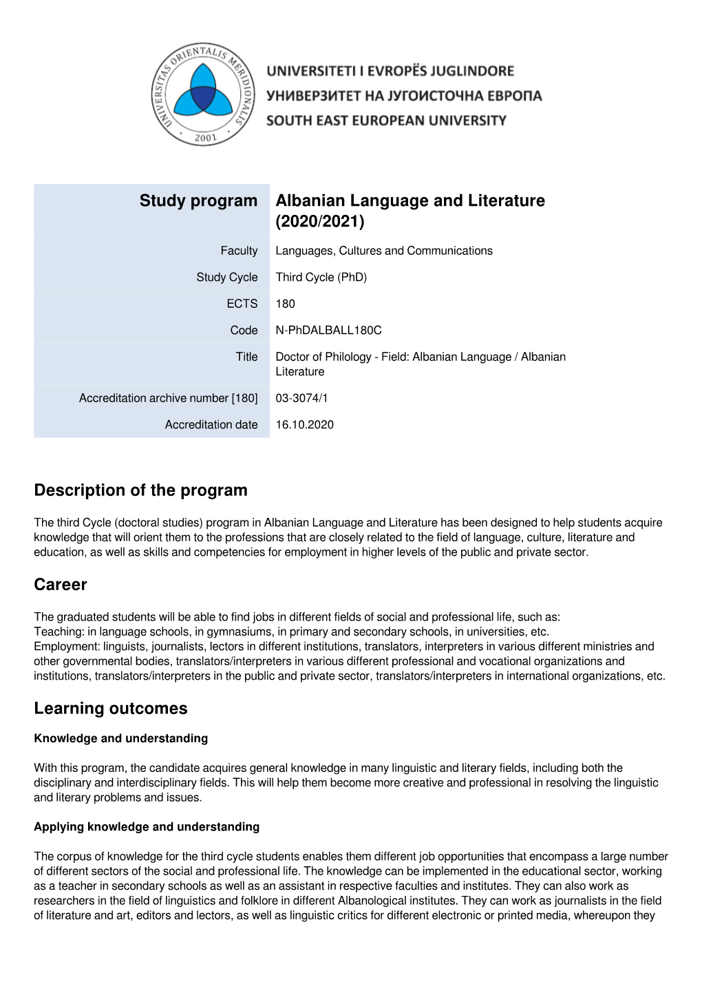 Study Program Albanian Language and Literature (2020/2021)