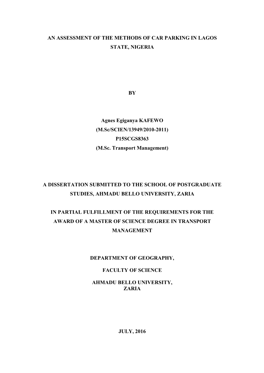 An Assessment of the Methods of Car Parking in Lagos State, Nigeria