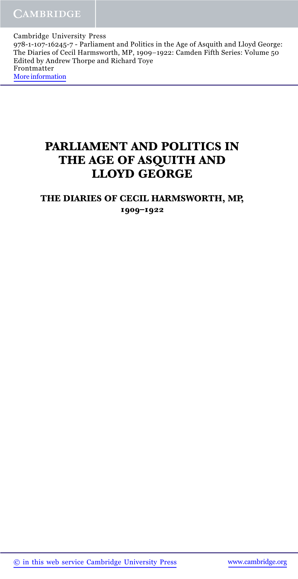 Parliament and Politics in the Age of Asquith and Lloyd