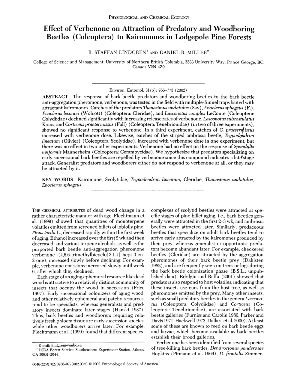 (Coleoptera) to Kairomones in Lodgepole Pine Forests