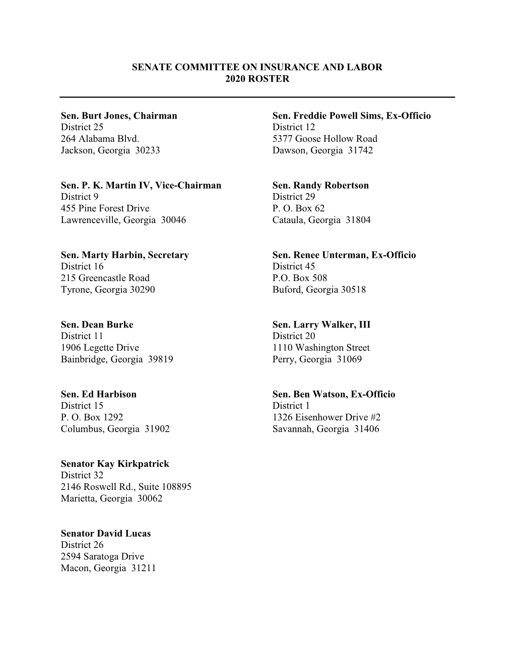 Senate Committee on Insurance and Labor 2020 Roster