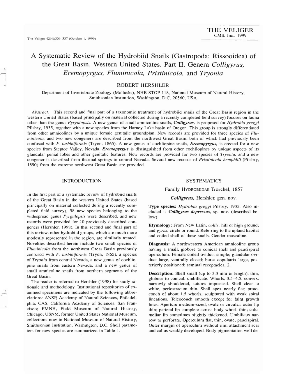 THE VELIGER a Systematic Review of the Hydrobiid Snails (Gastropoda