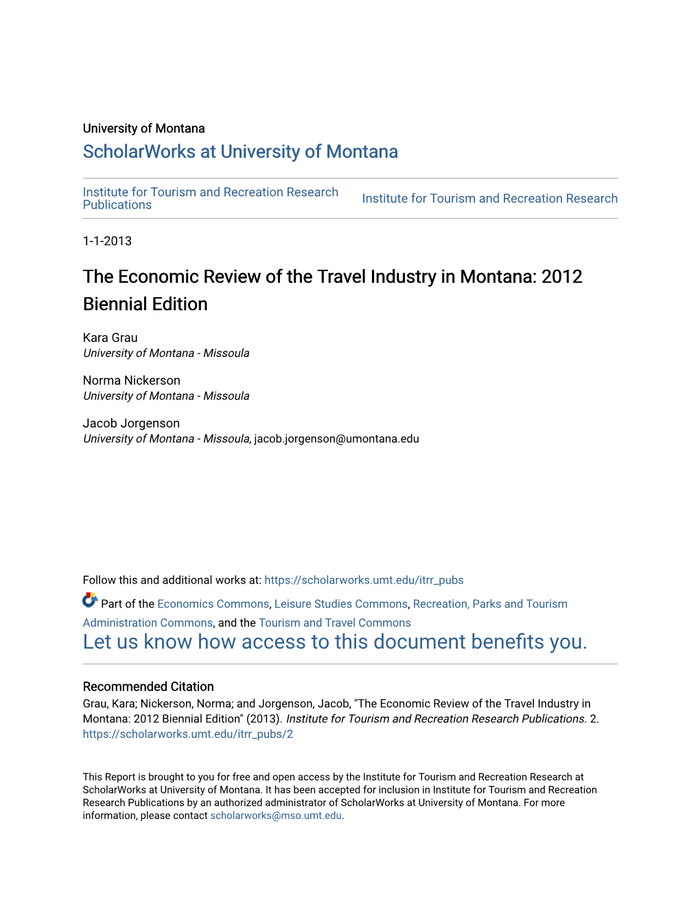 The Economic Review of the Travel Industry in Montana: 2012 Biennial Edition