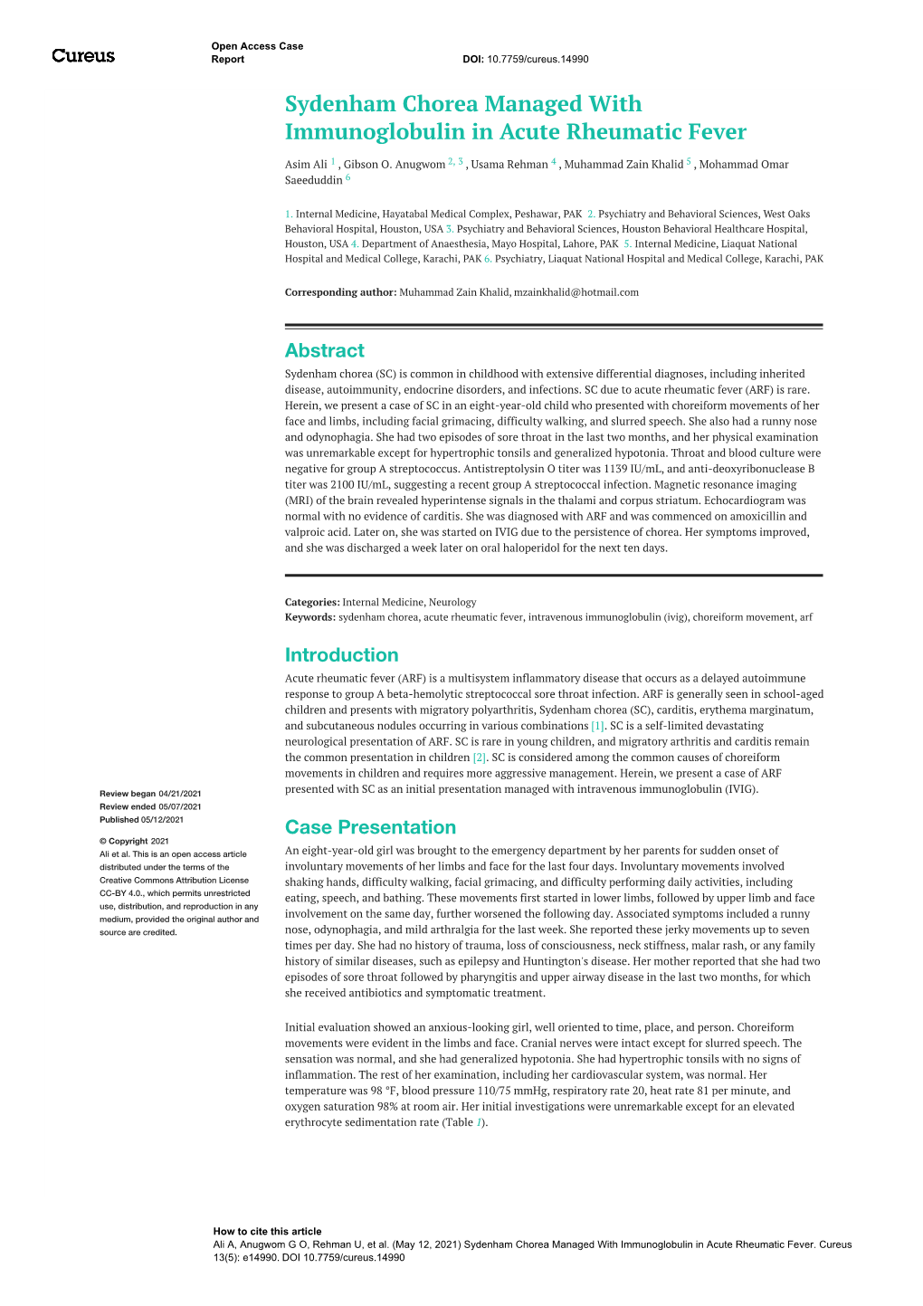 Sydenham Chorea Managed with Immunoglobulin in Acute Rheumatic Fever