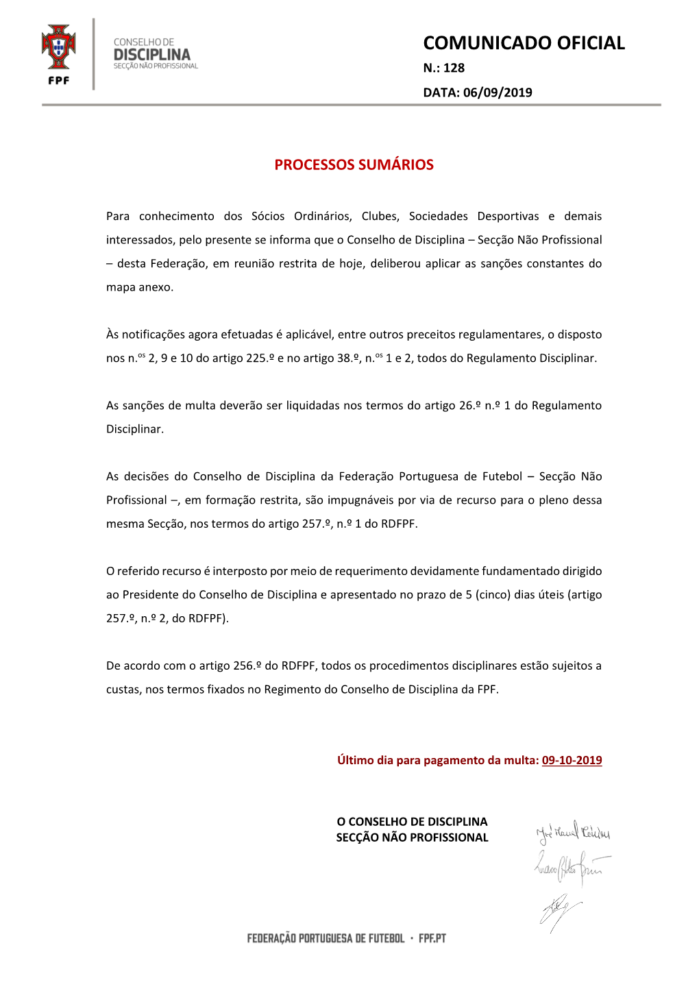 Comunicado Oficial N.: 128 Data: 06/09/2019