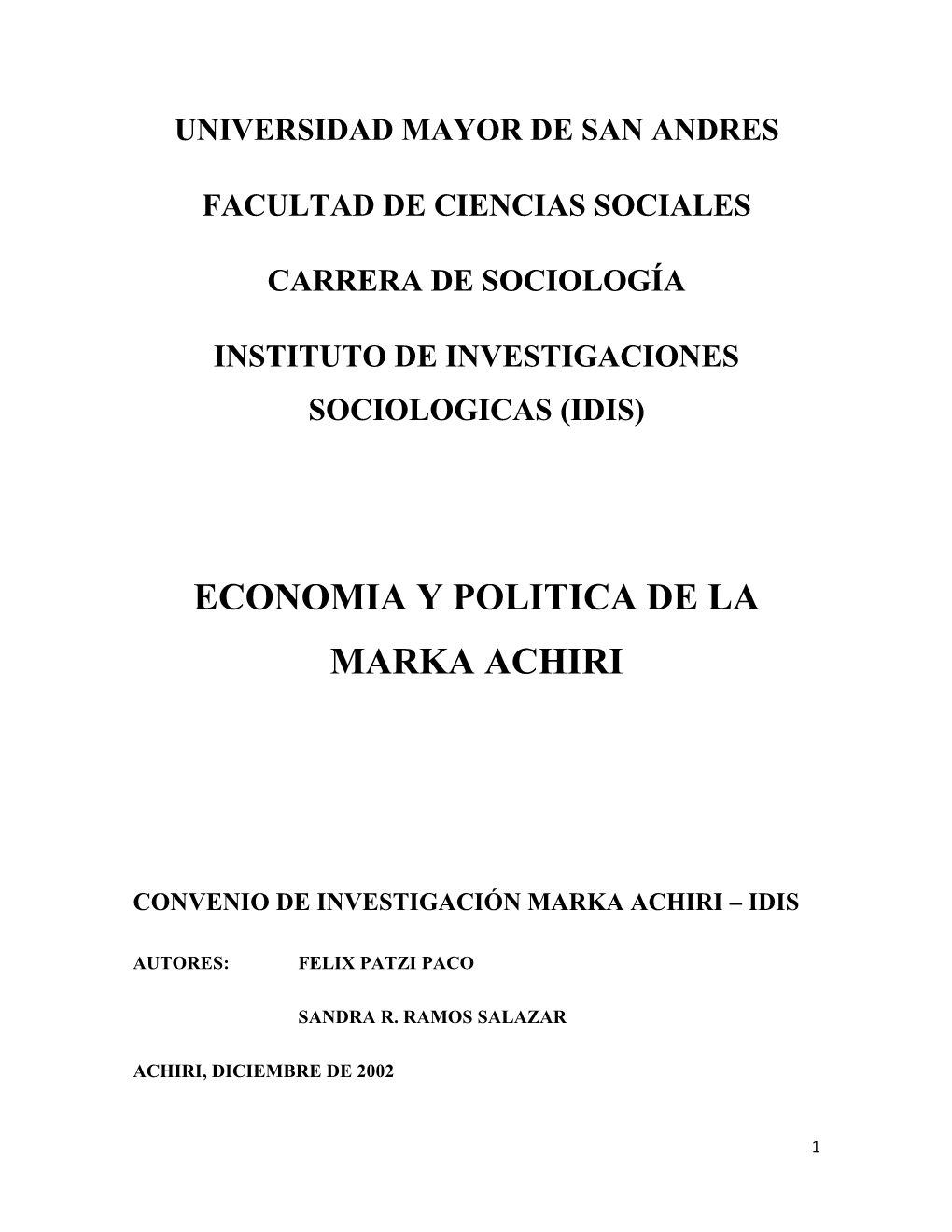 Economia Y Politica De La Marka Achiri