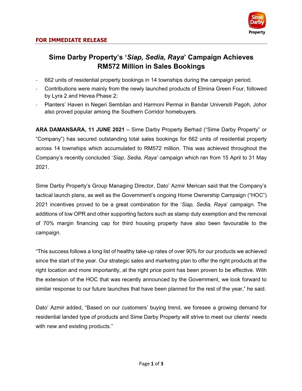 Siap, Sedia, Raya’ Campaign Achieves RM572 Million in Sales Bookings