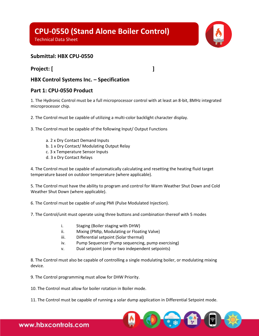 CPU-0550 (Stand Alone Boiler Control) Technical Data Sheet