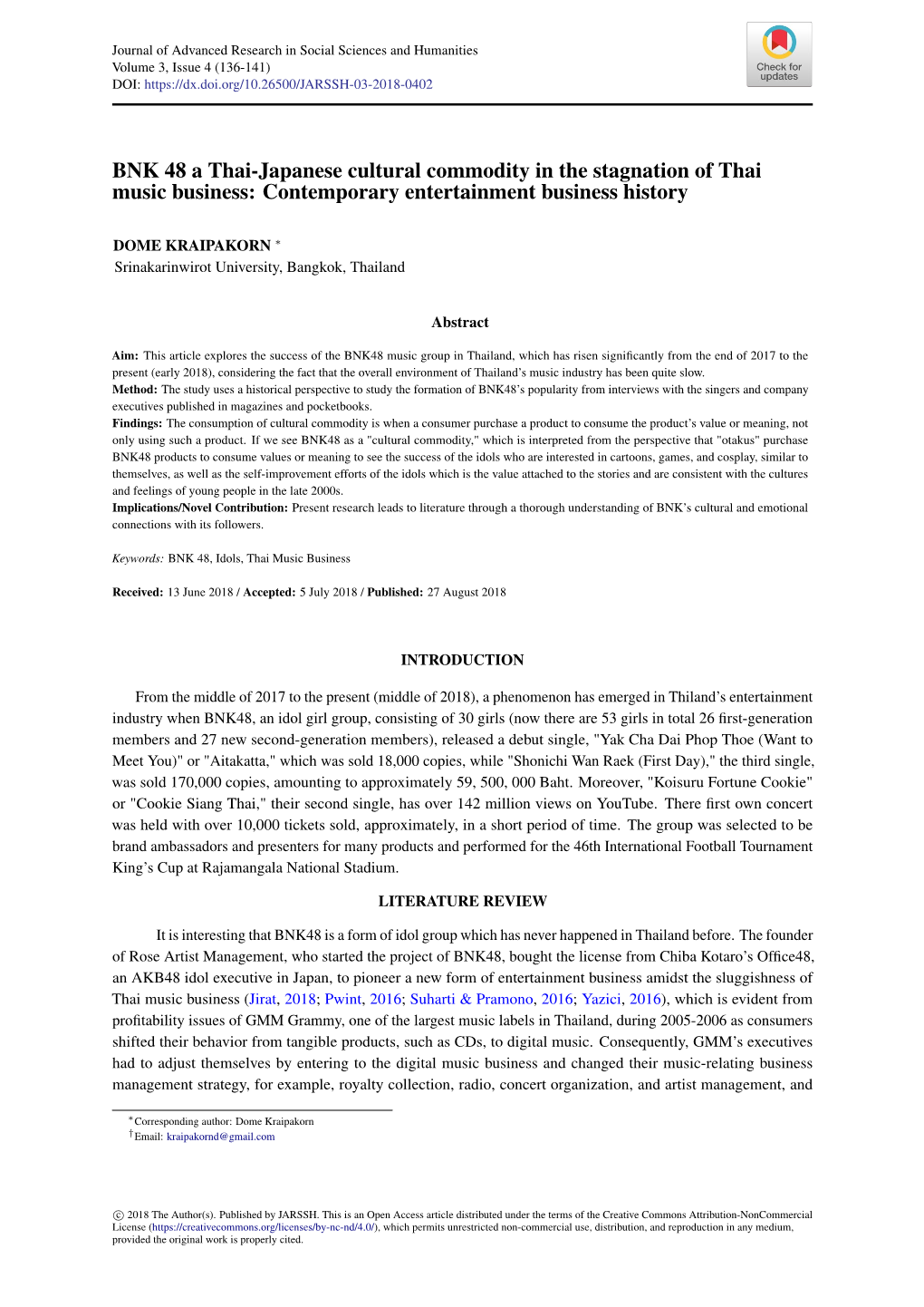 BNK 48 a Thai-Japanese Cultural Commodity in the Stagnation of Thai Music Business: Contemporary Entertainment Business History