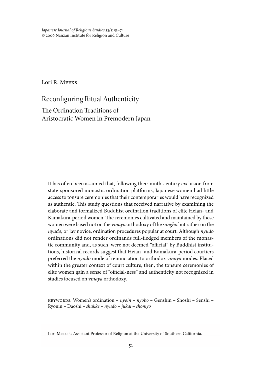 Reconfiguring Ritual Authenticity the Ordination Traditions of Aristocratic Women in Premodern Japan