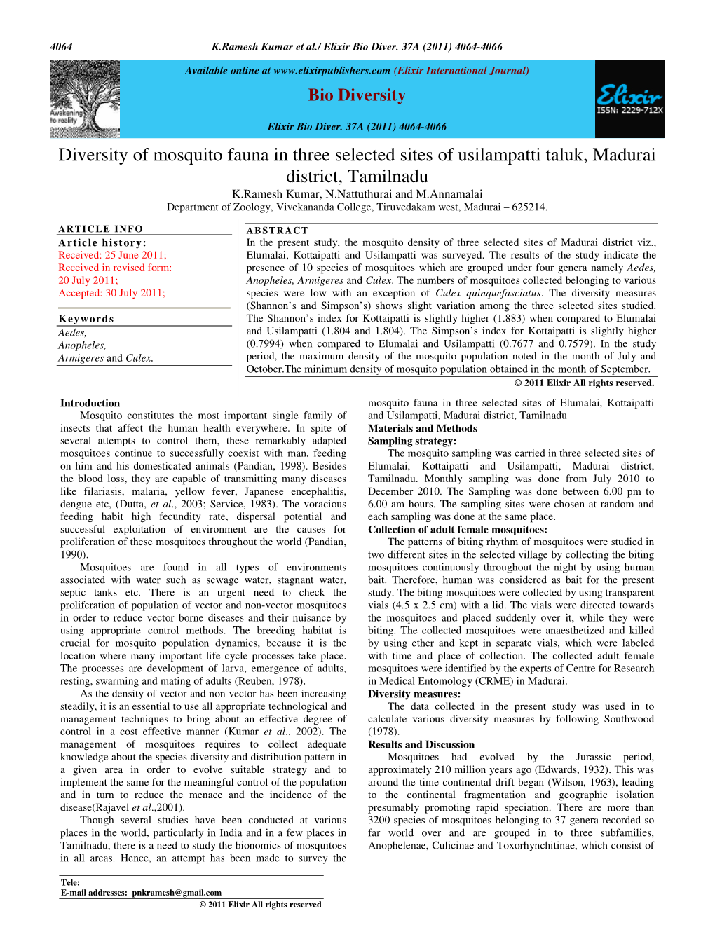 Diversity of Mosquito Fauna in Three Selected Sites of Usilampatti Taluk