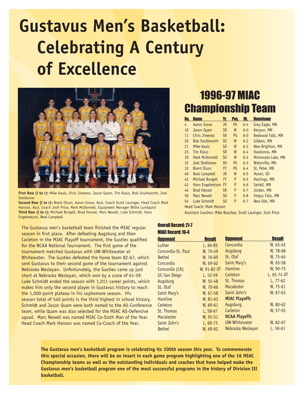 Gustavus Men's Basketball: Celebrating a Century of Excellence