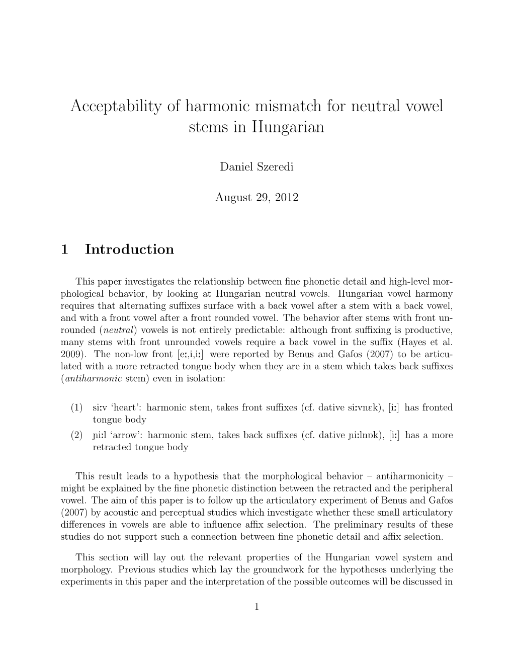 Acceptability of Harmonic Mismatch for Neutral Vowel Stems in Hungarian