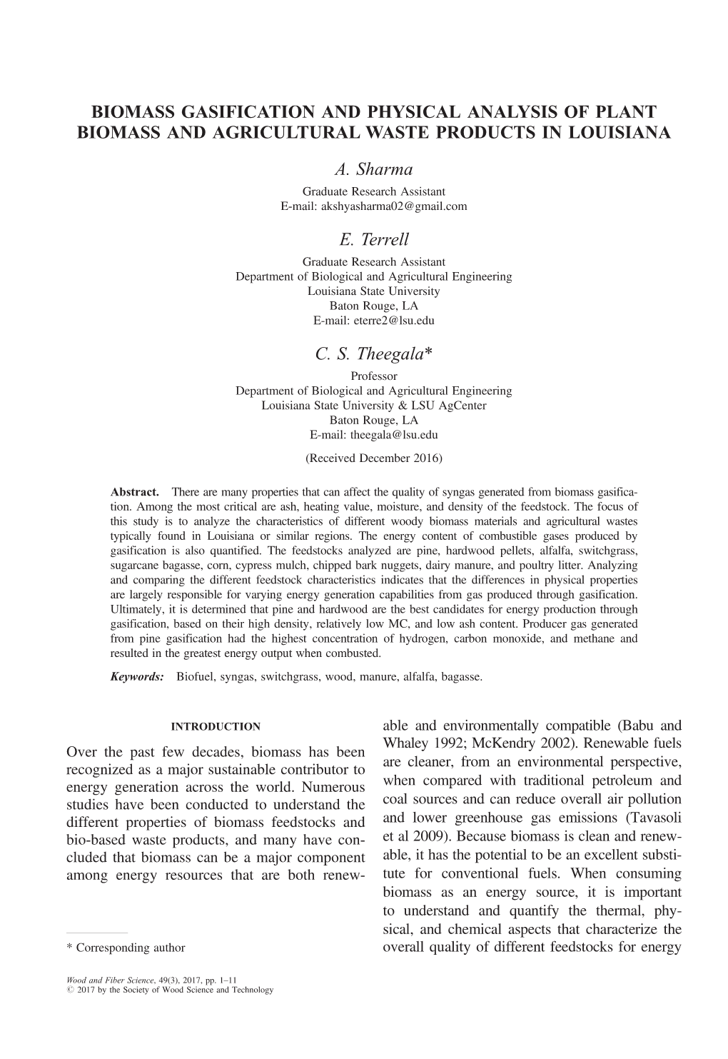 Biomass Gasification and Physical Analysis of Plant Biomass and Agricultural Waste Products in Louisiana A