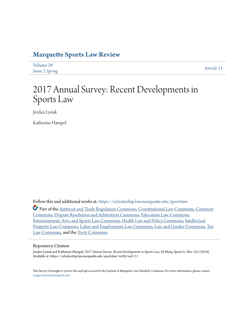 2017 Annual Survey: Recent Developments in Sports Law Jordan Lysiak