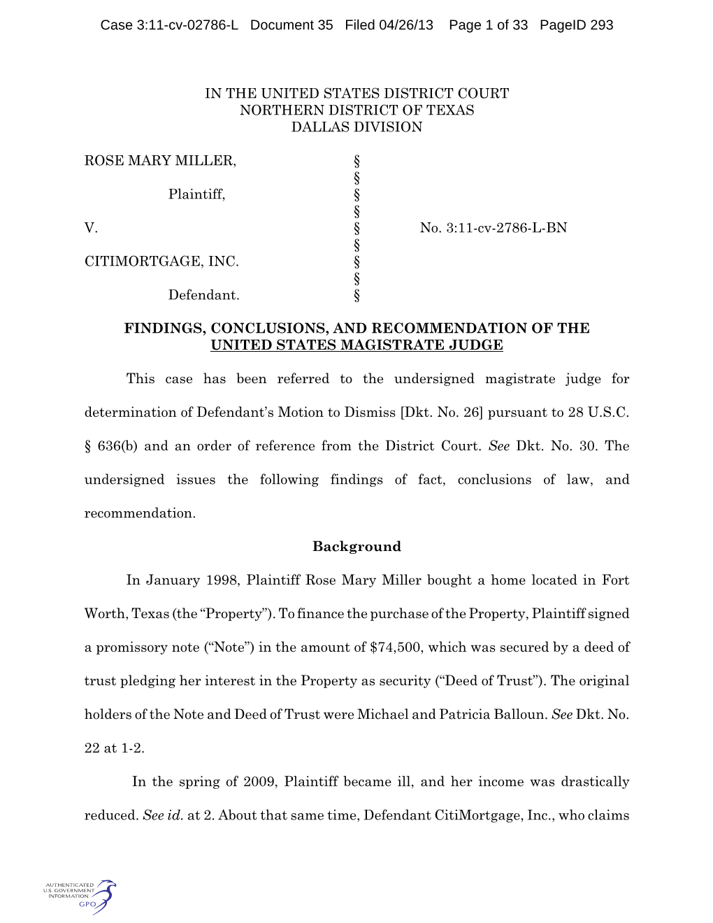 Case 3:11-Cv-02786-L Document 35 Filed 04/26/13 Page 1 of 33 Pageid 293