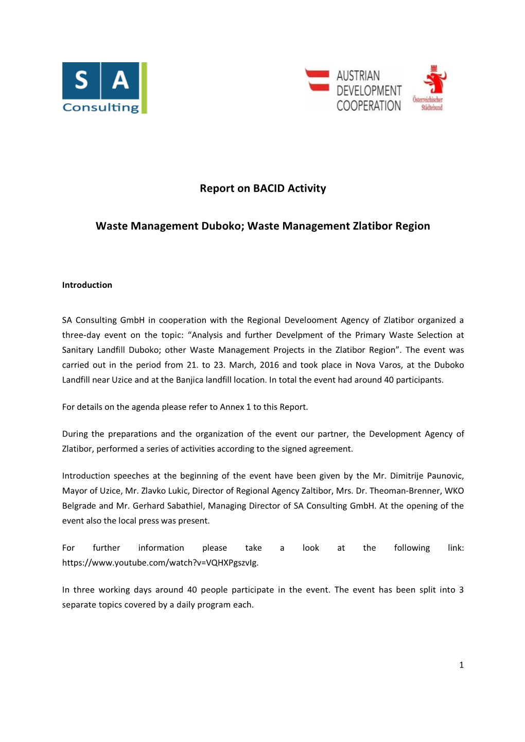 Report on BACID Activity Waste Management Duboko; Waste Management Zlatibor Region