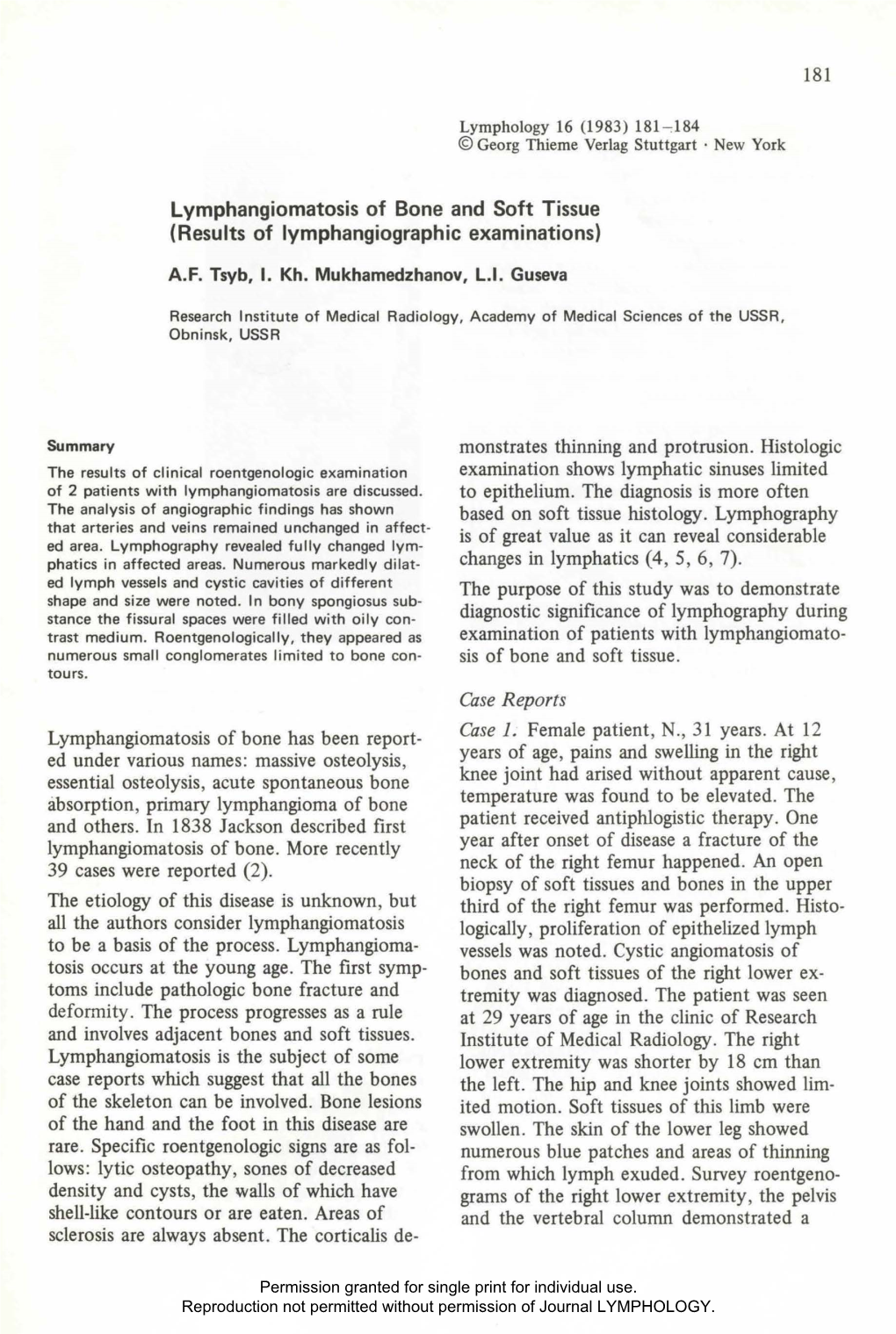 181 Lymphangiomatosis of Bone and Soft Tissue (Results Of