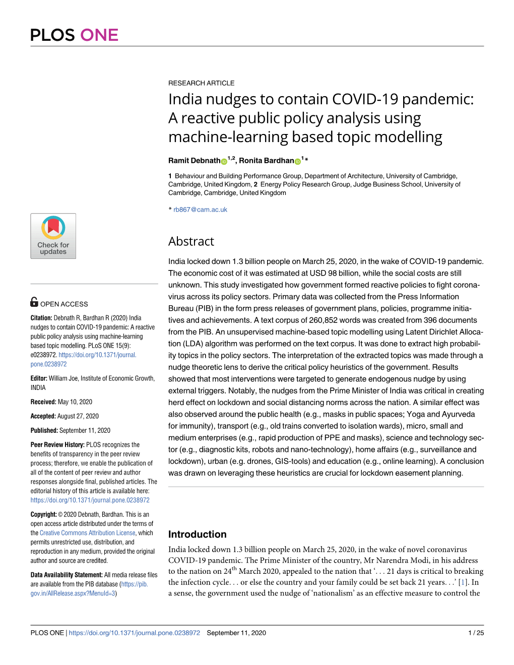 India Nudges to Contain COVID-19 Pandemic: a Reactive Public Policy Analysis Using Machine-Learning Based Topic Modelling