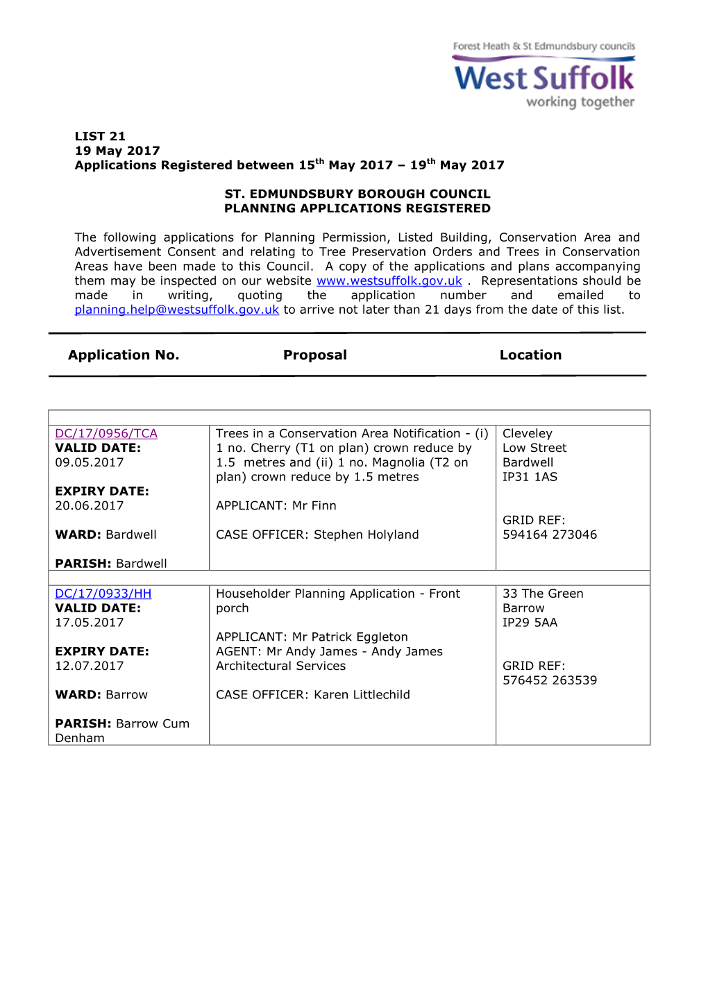 SEBC Planning Applications 21/17