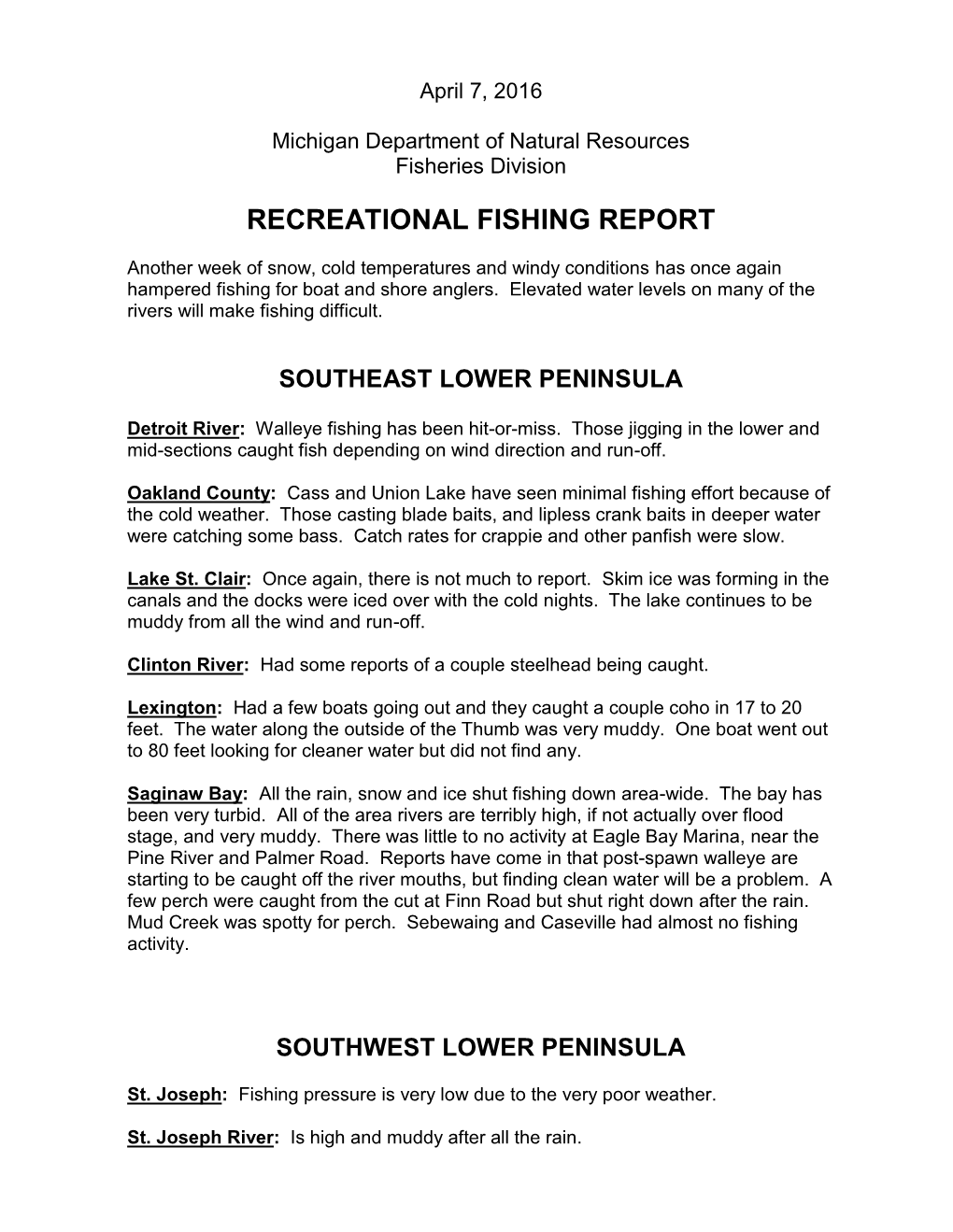 2016 Michigan Fishing Reports for April, May and June