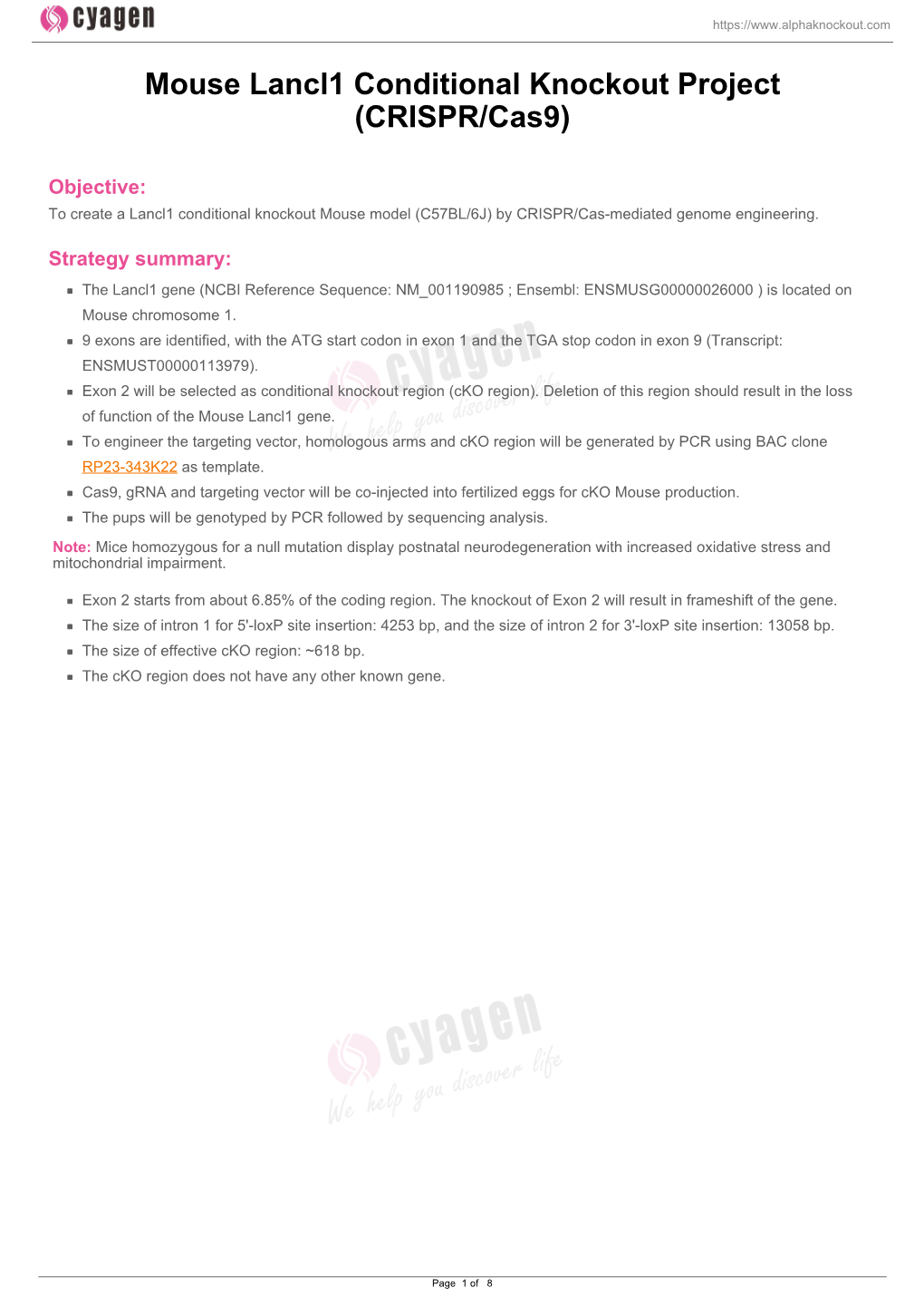 Mouse Lancl1 Conditional Knockout Project (CRISPR/Cas9)