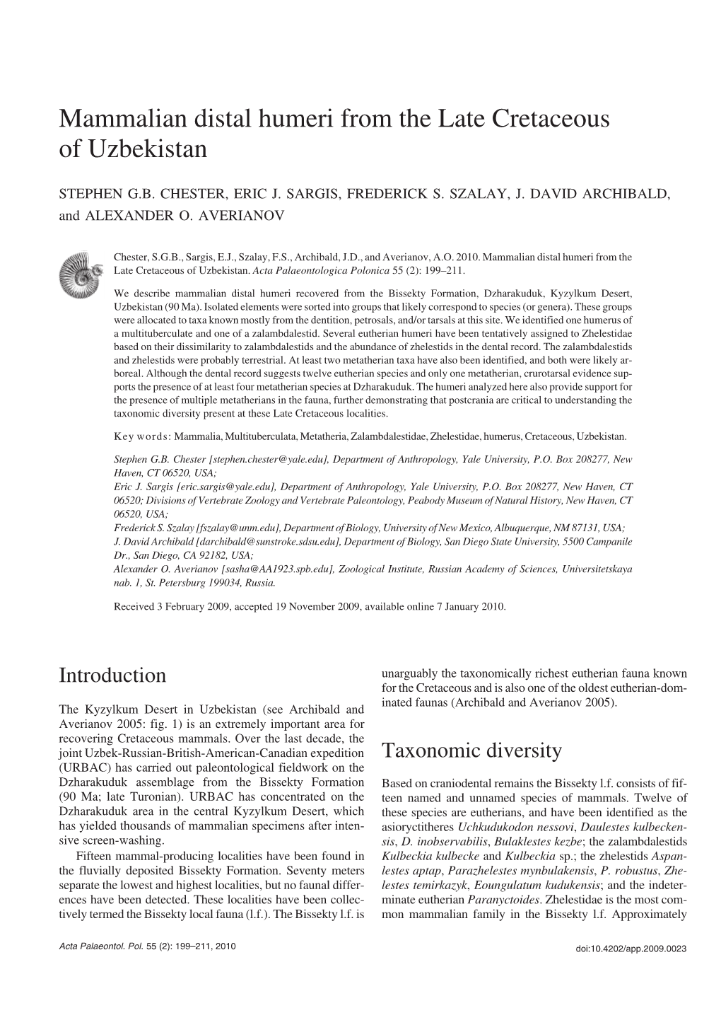 Mammalian Distal Humeri from the Late Cretaceous of Uzbekistan