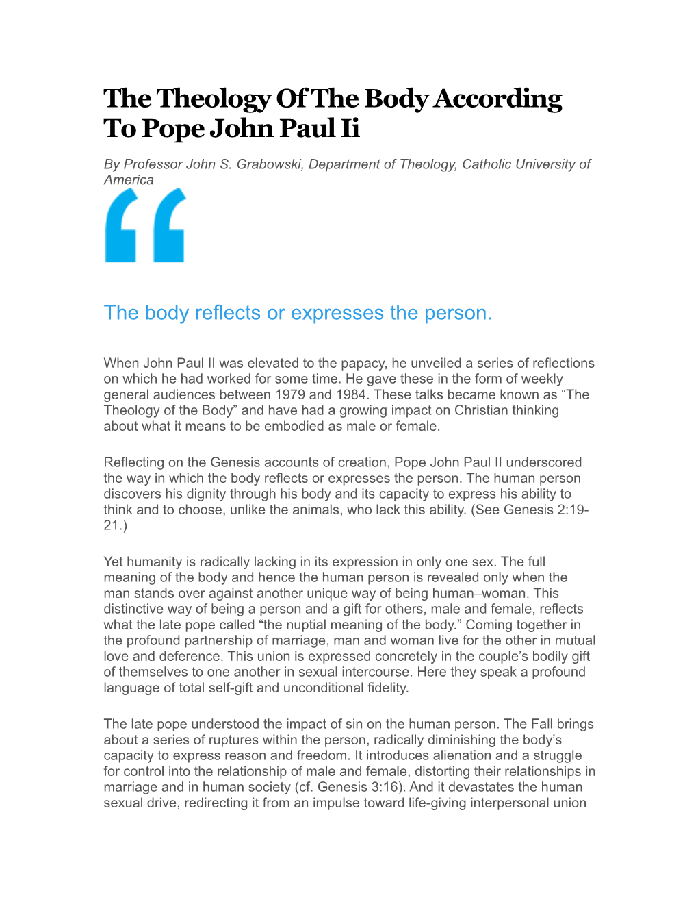 The Theology of the Body According to Pope John Paul Ii