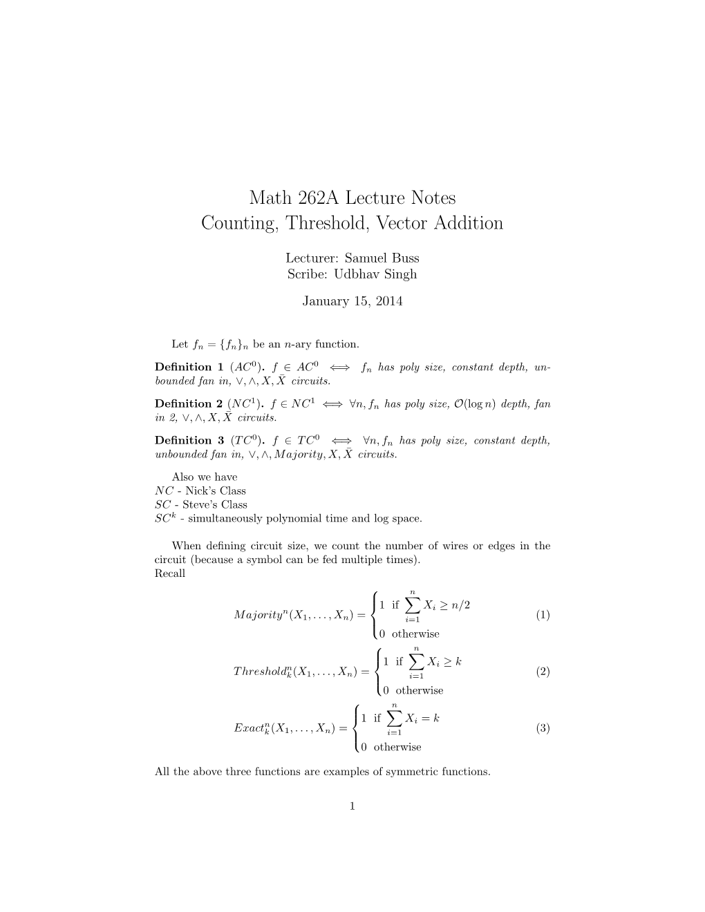 Math 262A Lecture Notes Counting, Threshold, Vector Addition