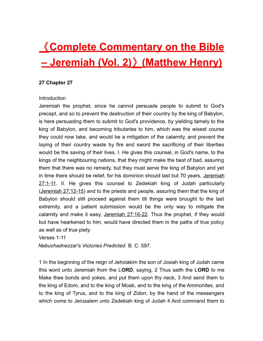 Complete Commentary on the Bible Jeremiah (Vol. 2) (Matthew Henry)