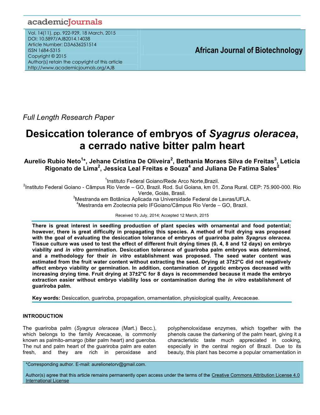 Desiccation Tolerance of Embryos of Syagrus Oleracea, a Cerrado Native Bitter Palm Heart