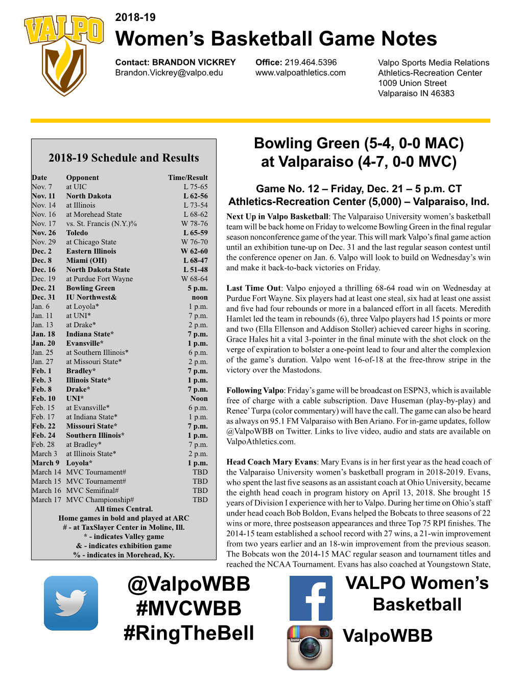 Women's Basketball Game Notes @Valpowbb #MVCWBB