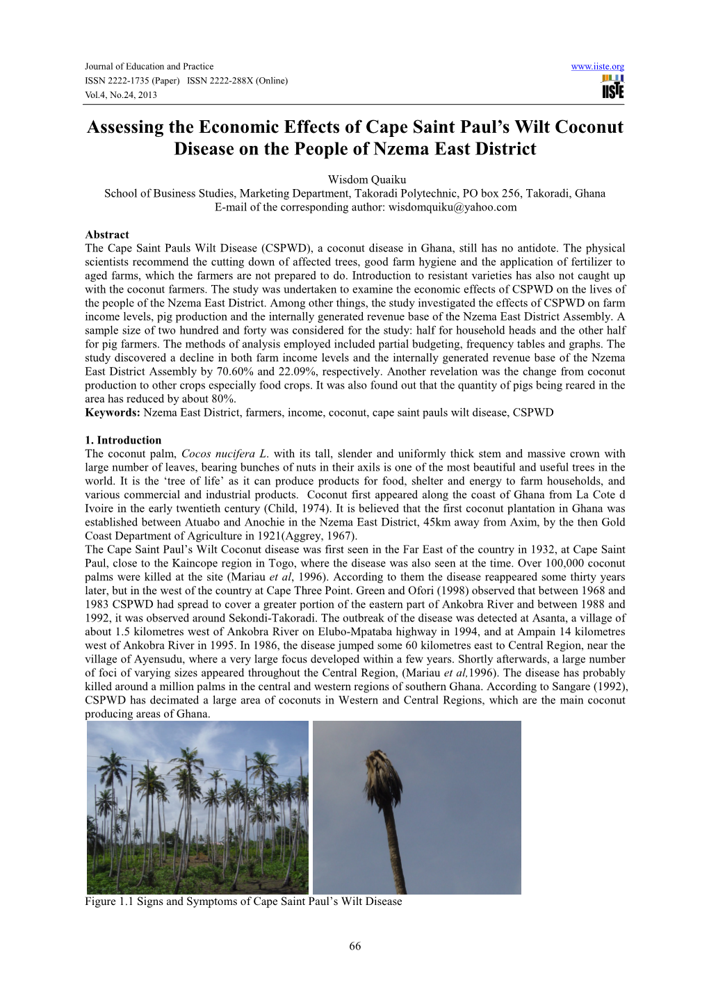 Assessing the Economic Effects of Cape Saint Paul's Wilt Coconut