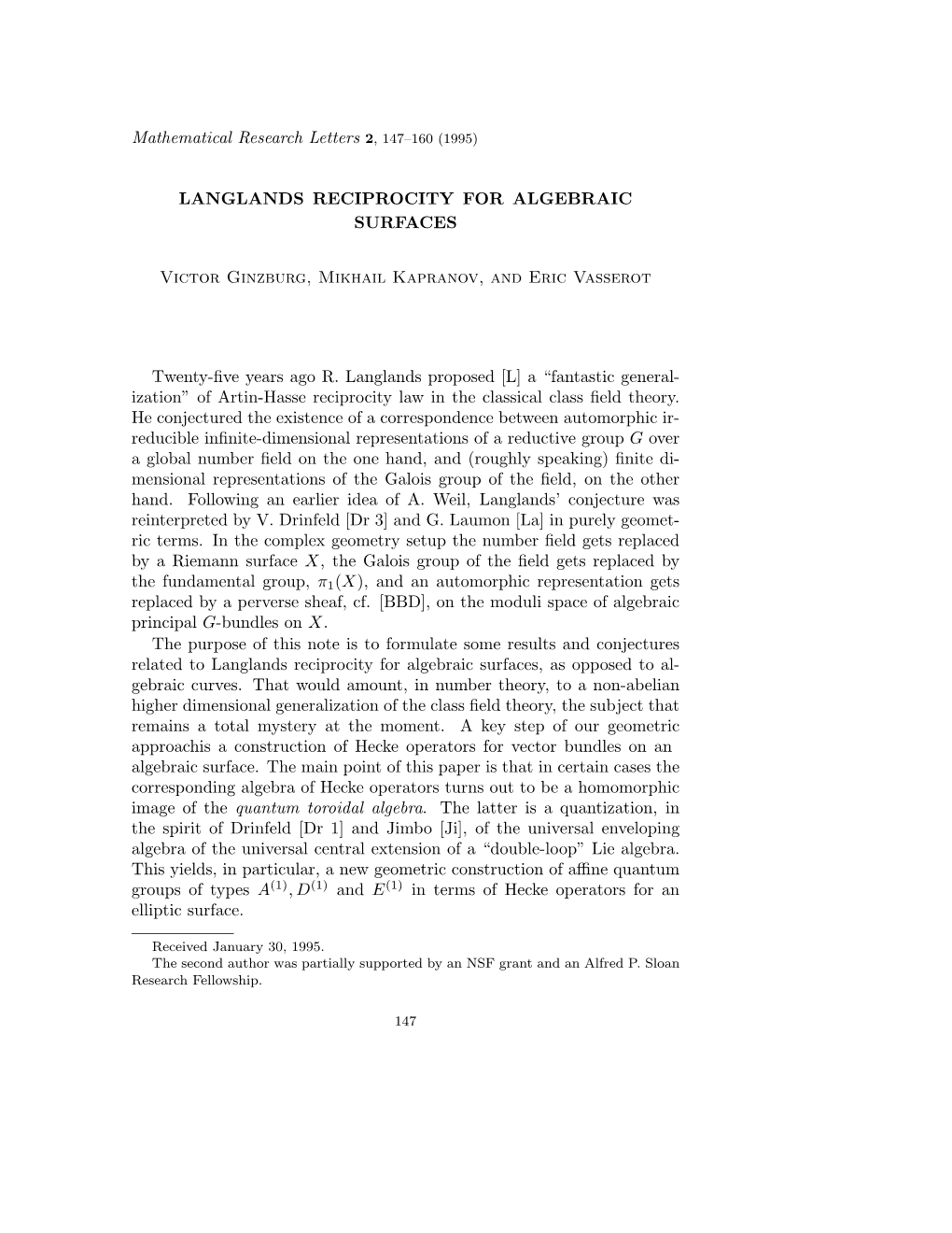 (1995) Langlands Reciprocity for Algebraic Surfaces