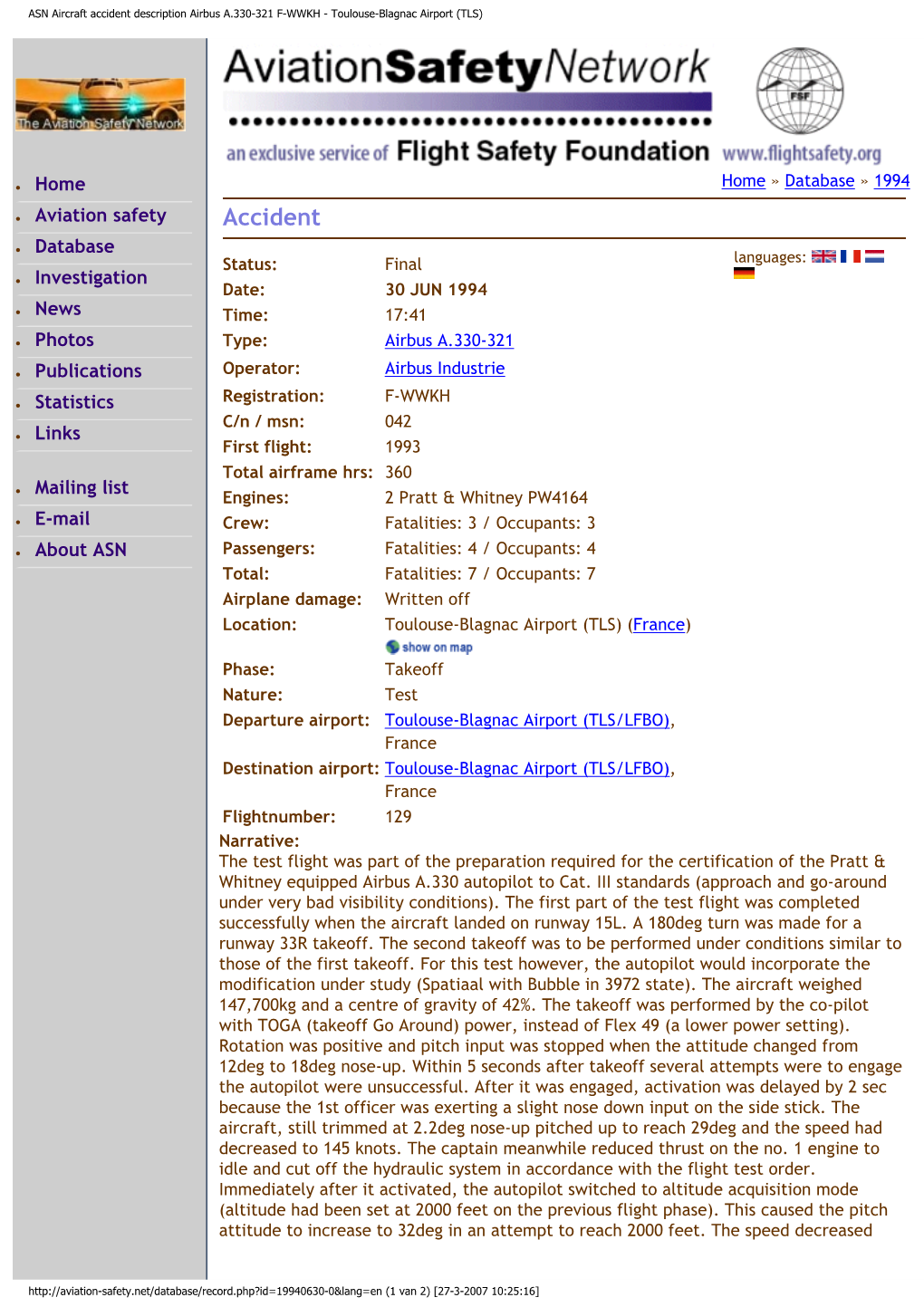 ASN Aircraft Accident Description Airbus A.330-321 F-WWKH - Toulouse-Blagnac Airport (TLS)