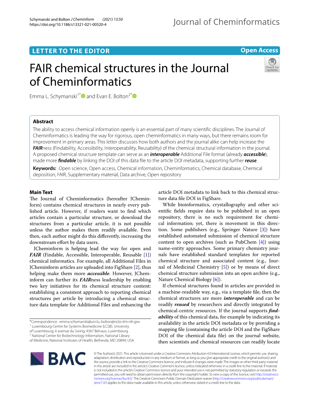 FAIR Chemical Structures in the Journal of Cheminformatics Emma L
