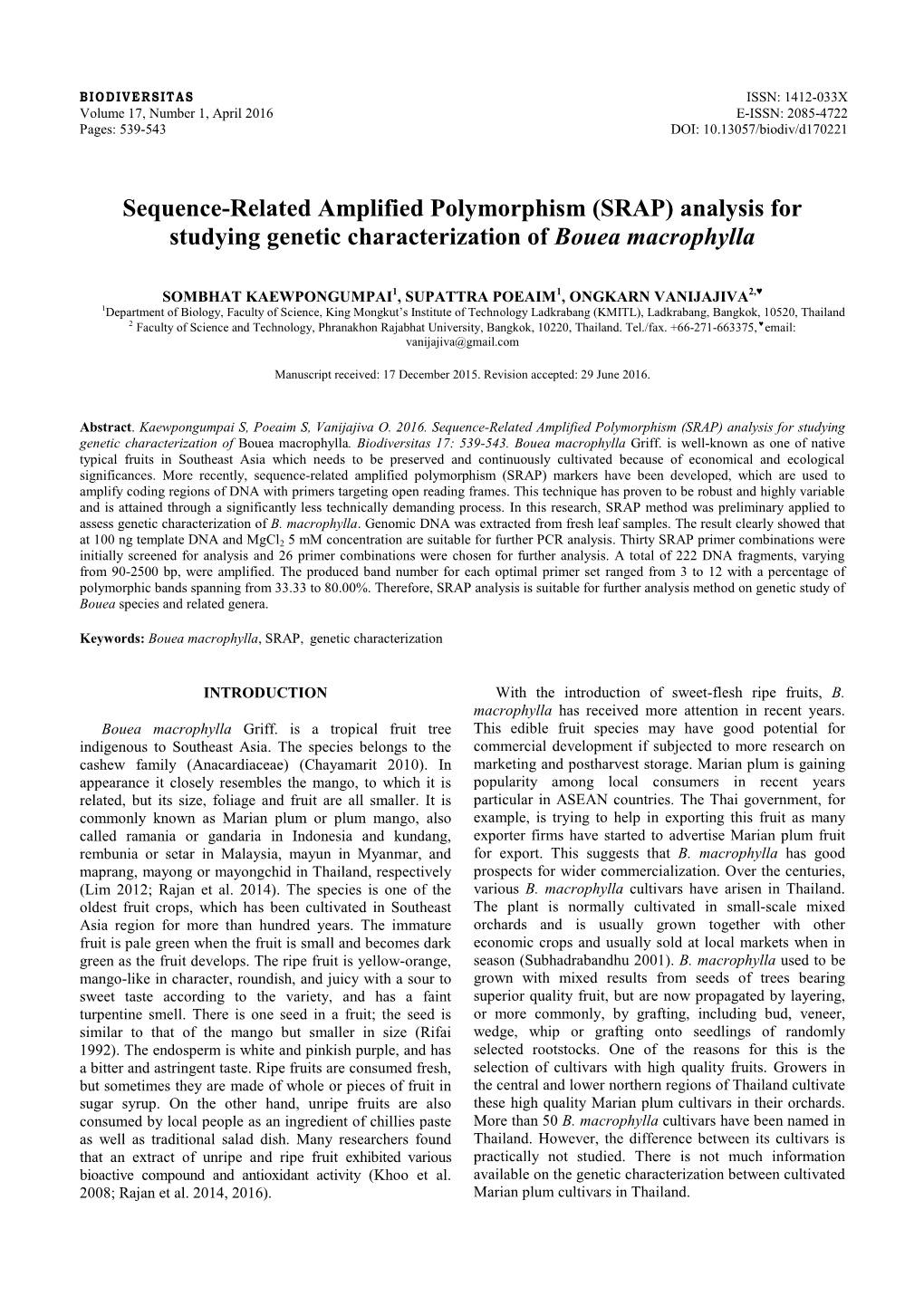 Analysis for Studying Genetic Characterization of Bouea Macrophylla